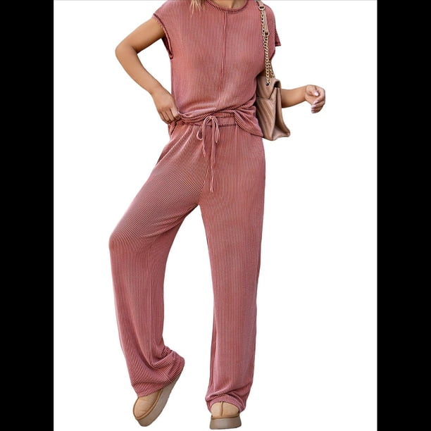 Conjunto Informal de Dos Piezas de Punto Acanalado para Mujer, Camiseta de Corta y Pantalón , Ideal para el Hogar y para Viajes Rojo XXL