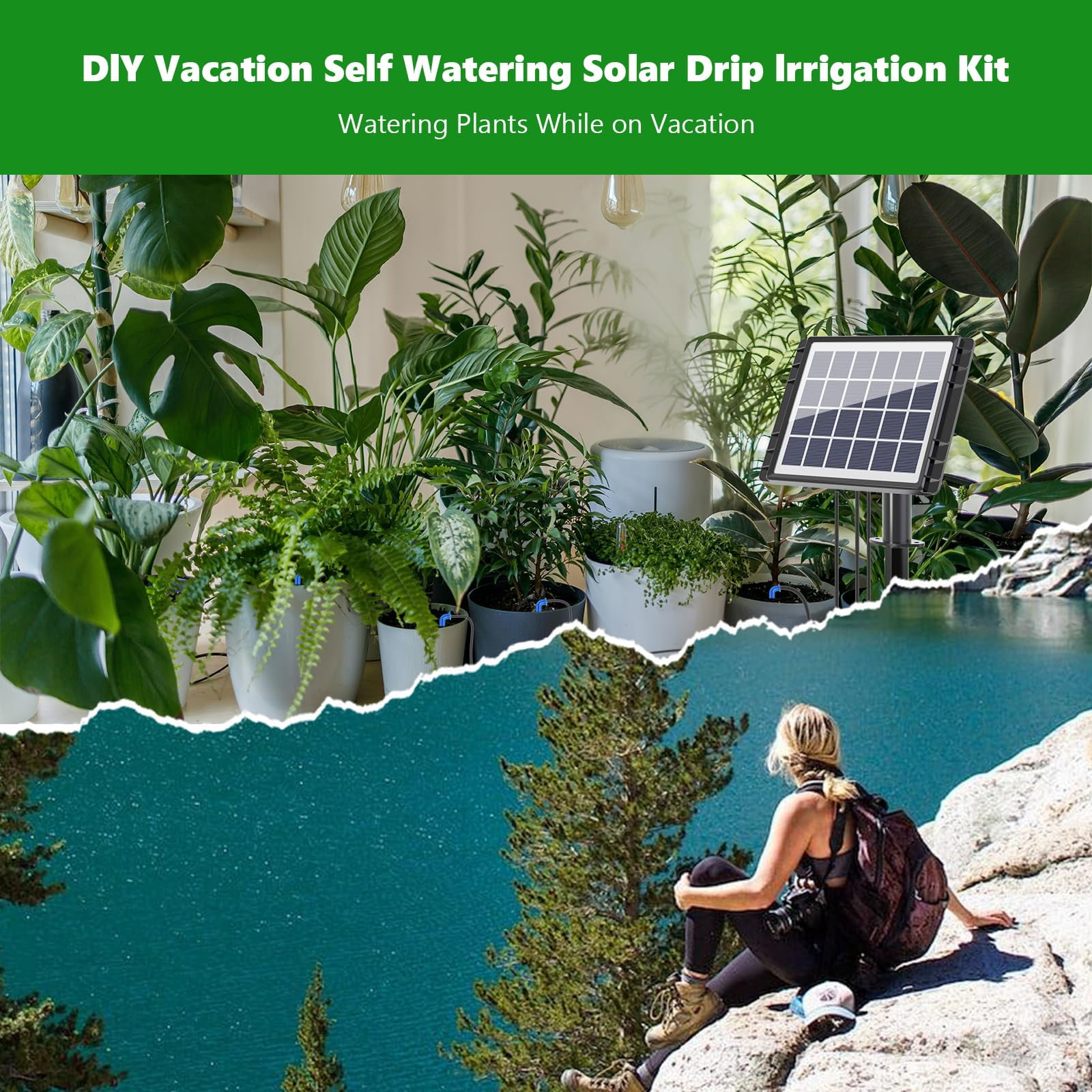 49FT Solar Drip Irrigation System Auto Watering Kit for 15 Pots, Solar-Powered Plant Watering Garden Irrigation System