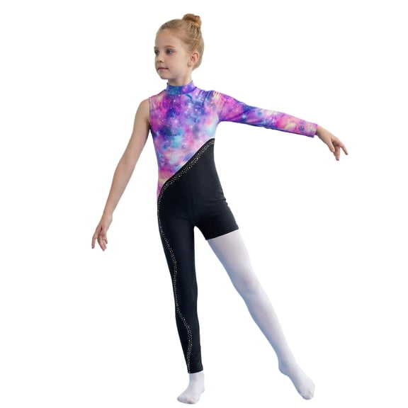 Haitryli Kids Girls Gymnastics Leotard Full Length Skating Rhinestone Invisible Zipper Printed Black Purple 14