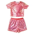 thumbnail image 2 of KVPLBQFD Girls Dance Outfit Shiny Short Sleeve Shorts Set for Kids Sequin Hip Hop Party Wear Teen Fashion Festival Performance Clothes Summer Outfits, 2 of 4