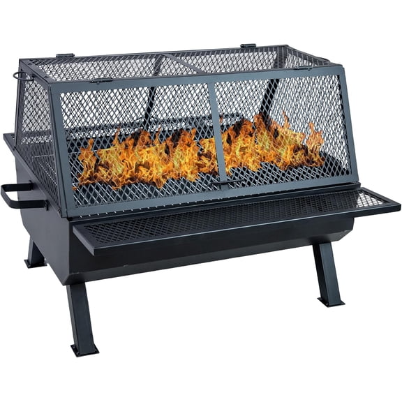 36-Inch Steel Outdoor Fire Pit with Grill and Spark Screen - PVC Protective Cover - Heat-Resistant Finish - Black，Fire Pit