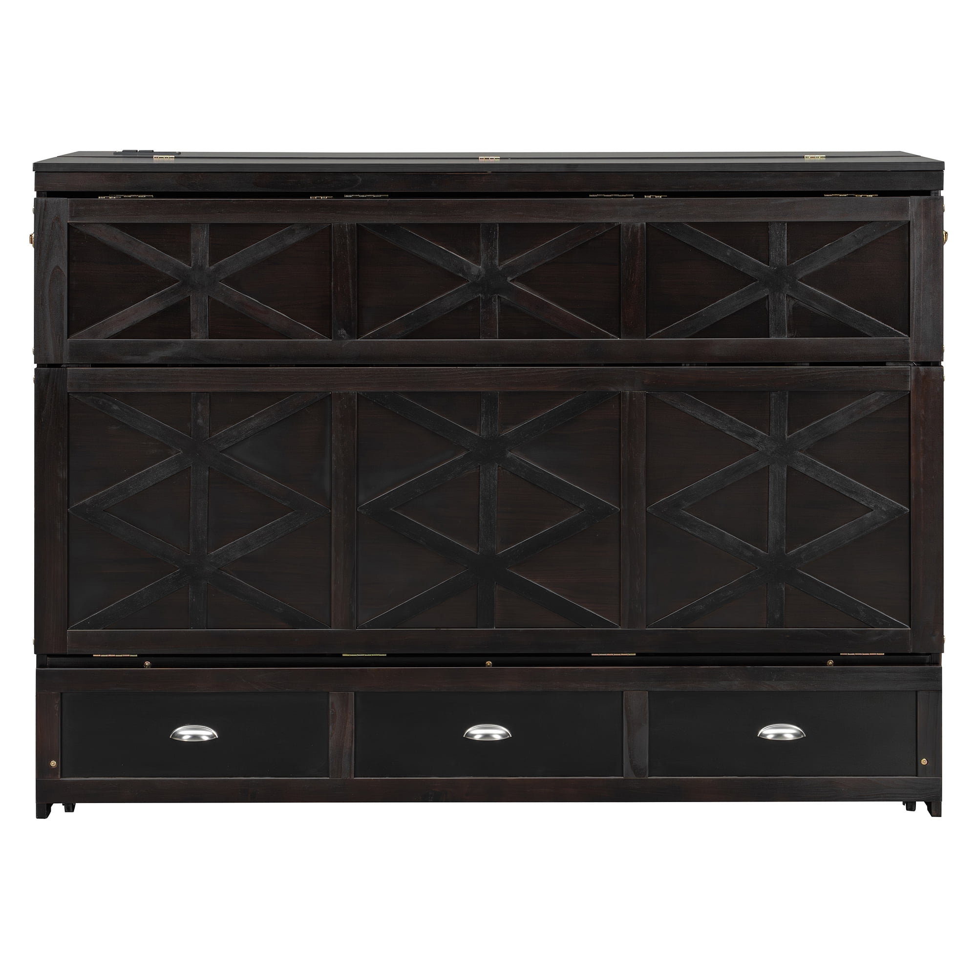 Mintazer Queen Size Murphy Bed with Charge Station & 3 Storage Drawers, Farmhouse Geometric Pattern Foldable Cabinet Wall Bed for Guest Room Small Apartment, Espresso