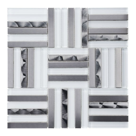 Modket TDH372SS White Glass Stainless Steel Metallic Glass Parquet Mosaic Tile Wall Backsplash
