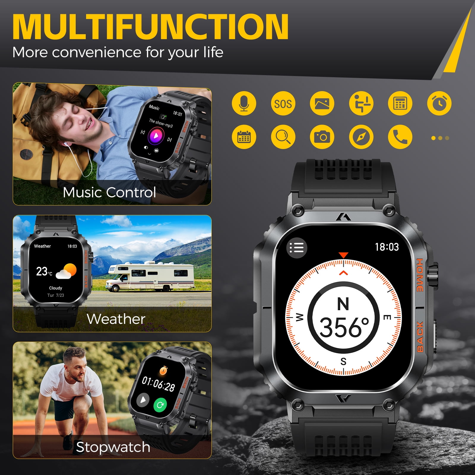 XAXRE Men's Smartwatch, 5ATM Waterproof Sleep Monitor, 2.02" HD Screen, Compass, 110+ Sports, Call Answer/Dial, Compatible with Android iOS