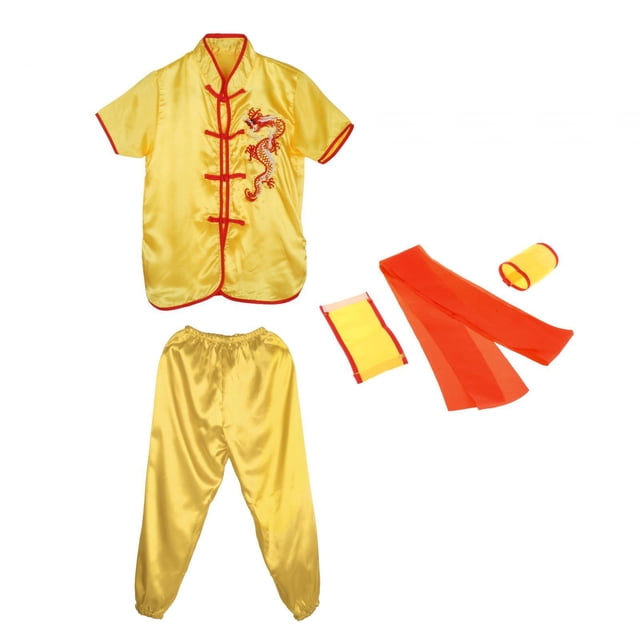 QualitChoice Chinese Traditional Tai Clothing Martial Arts Outfits Feature Handmade Embroidery Morning Exercise Kung Fu Uniform Yellow 180