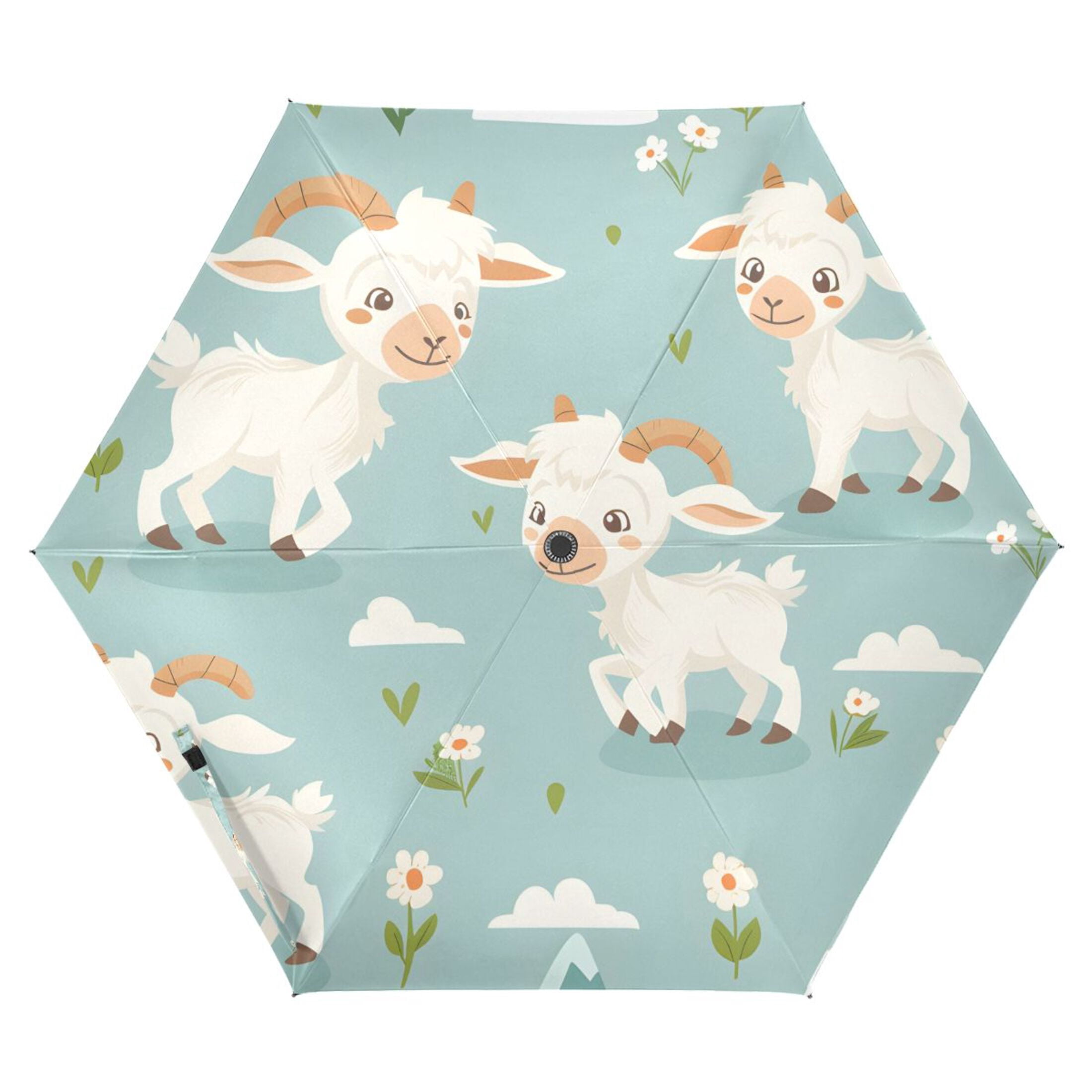 Cartoon Goats Mountains Clouds Flowers All Weather Umbrella Triple Folding Parasol 6 Ribs UV Protection Portable