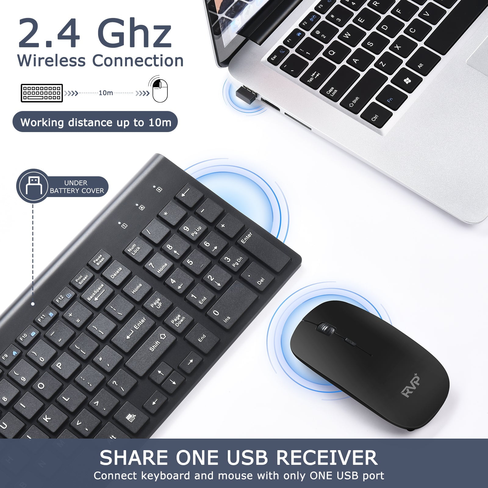 RVP+ Wireless Keyboard and Mouse Ultra Slim Combo, 2.4GHz Cordless USB Mouse and Keyboard PC Laptop Computer - Black