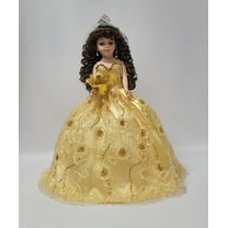 Quinceañera Umbrella Vinyl Doll in Gold Gown, Quince Años Centerpiece & Decoration