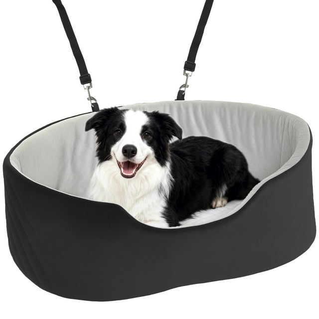 PawHut Dog Car Seat, Detachable Washable Pet Bed for Small Medium Pets. A black and grey dog car seat with a plush fleece interior and thick sponge padding, designed for small to medium dogs up to 33 lbs. Features a triple fixation system for stability and a removable, machine-washable cover. Shown with a black and white dog comfortably seated inside.