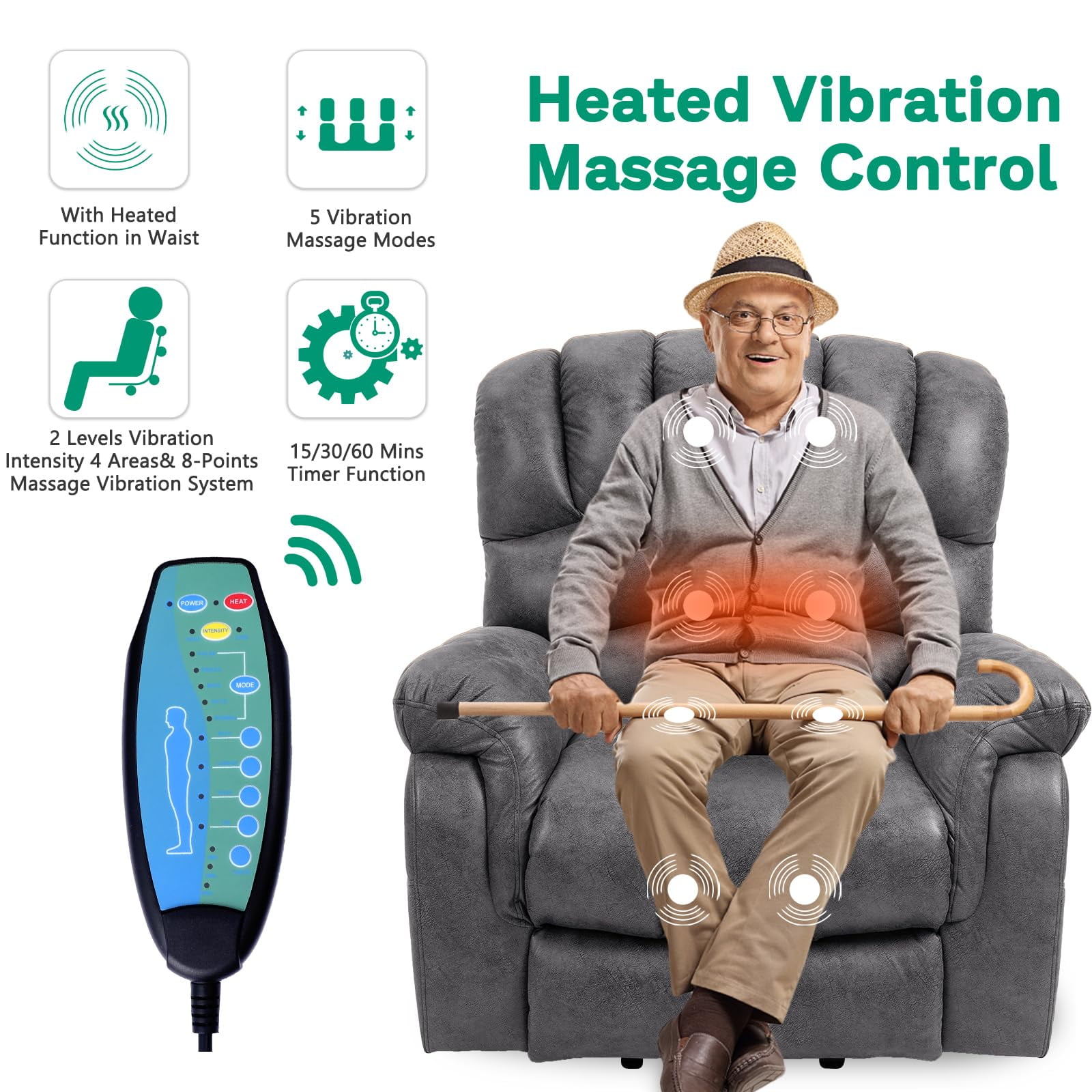 VIVIJASON Bronzing Suede Fabric Heated Recliners with USB Ports, Gray