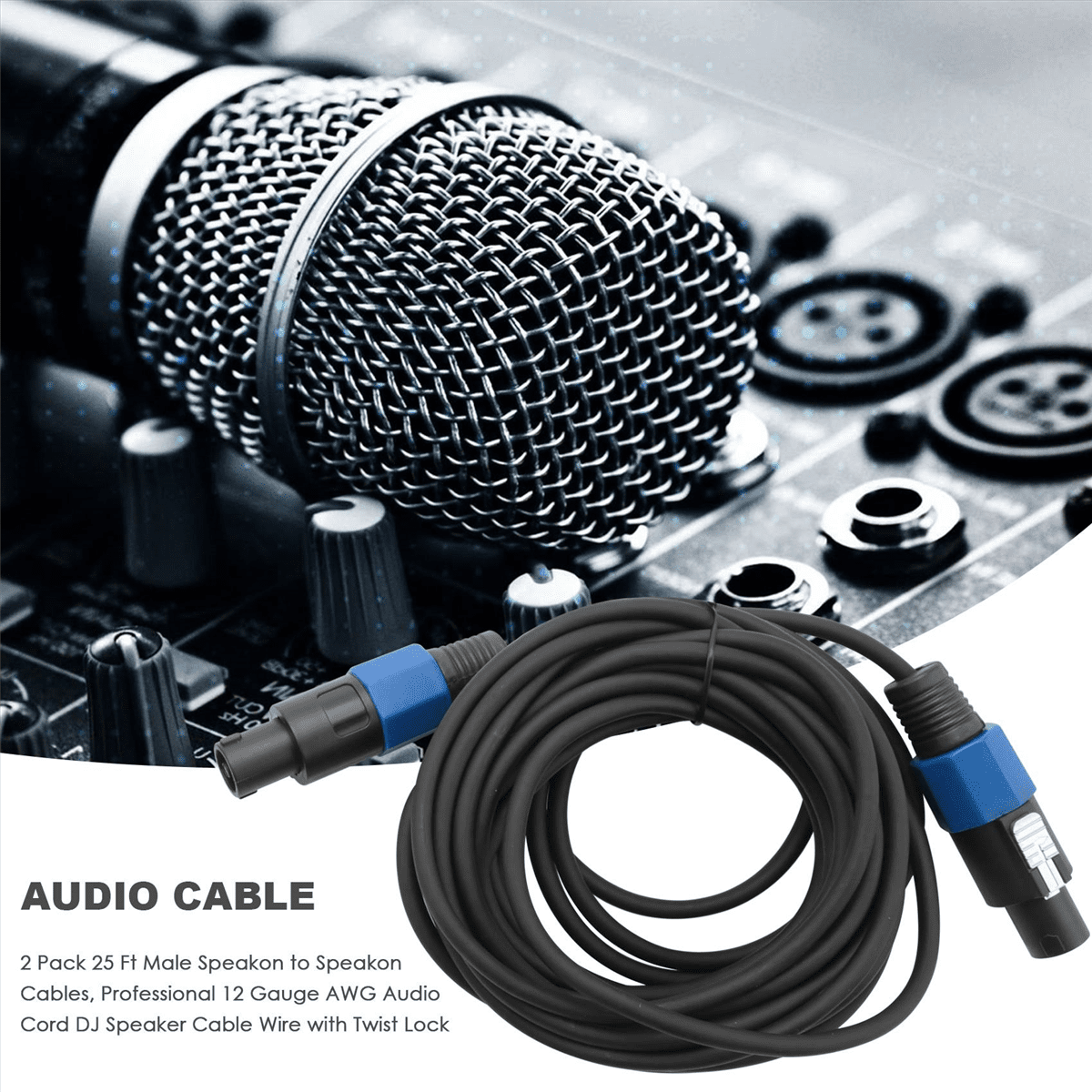 2 Pack 25 Ft Male Speakon to Cables, Professional 12 Gauge AWG Audio Cord DJ Speaker Cable Wire with Twist Lock