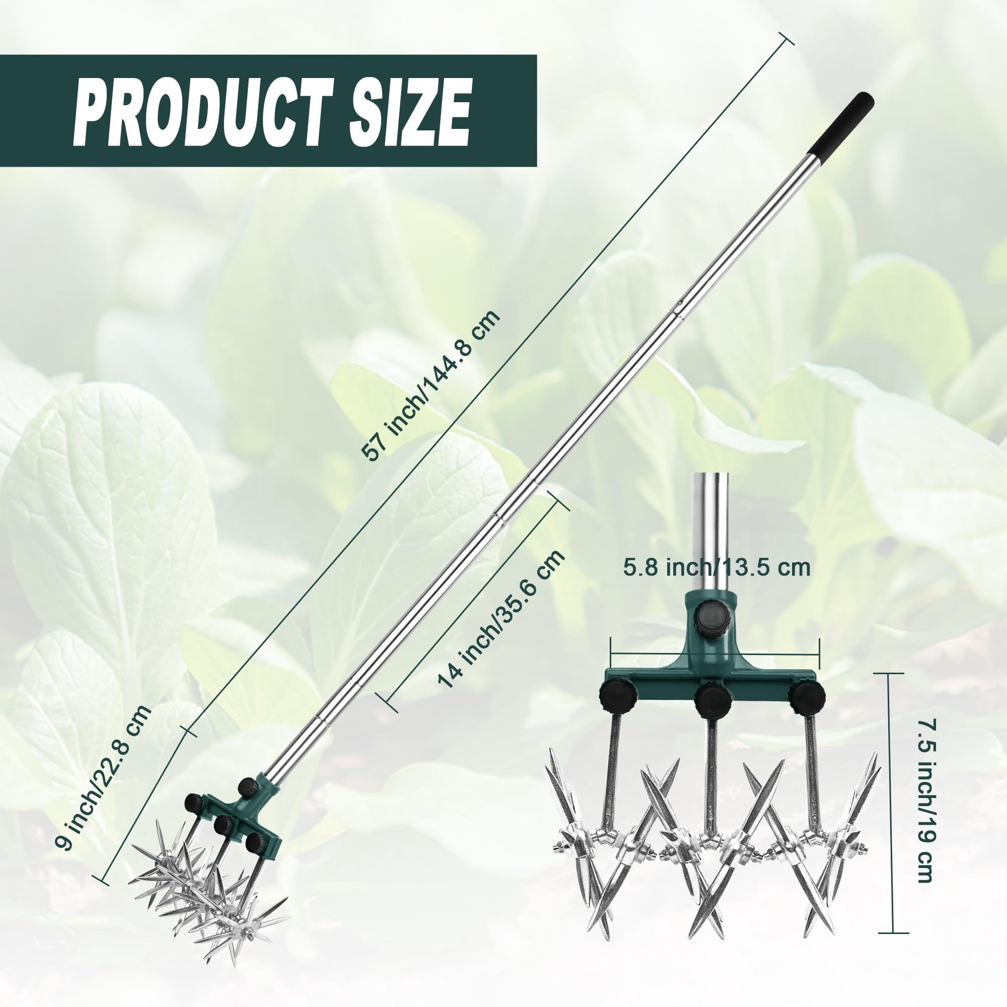 Rotary Cultivator Garden Tiller Adjustable Stainless Steel Poles Hand For Soil Mixing Or Reseeding Grass Lawn Total Length 57 Inch