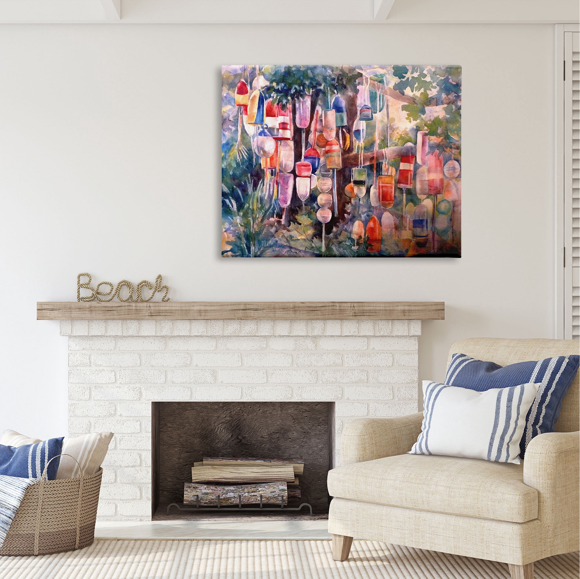 Stupell Industries Maritime Buoys on Tree Nature Painting Gallery Wrapped Canvas Print Wall Art, 48 x 36