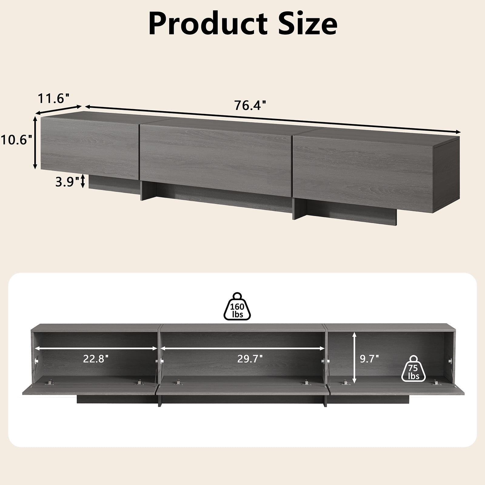 76.4'' Modern TV Stand for Living Room, Mid Century Modern TV Console with 3 Drawers, Media Cabinet for Living Room, Bedroom, Grey