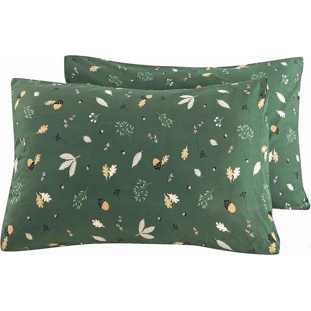 Pillowcase 100% Cotton Queen Size Green Botanical Floral Leaves Print Decorative Bed Pillow Cover Set of 2 with Envelope Closure Hotel Quality Soft Br