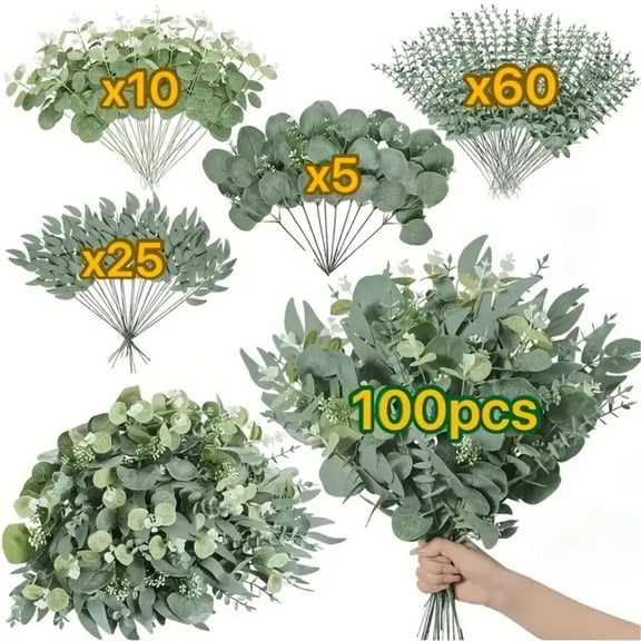 100pcs Eucalyptus Stems Bundle - Mixed Artificial Greenery Leaves for DIY Floral Arrangements, Wedding Bouquets, Centerpieces, and Home Decoration
