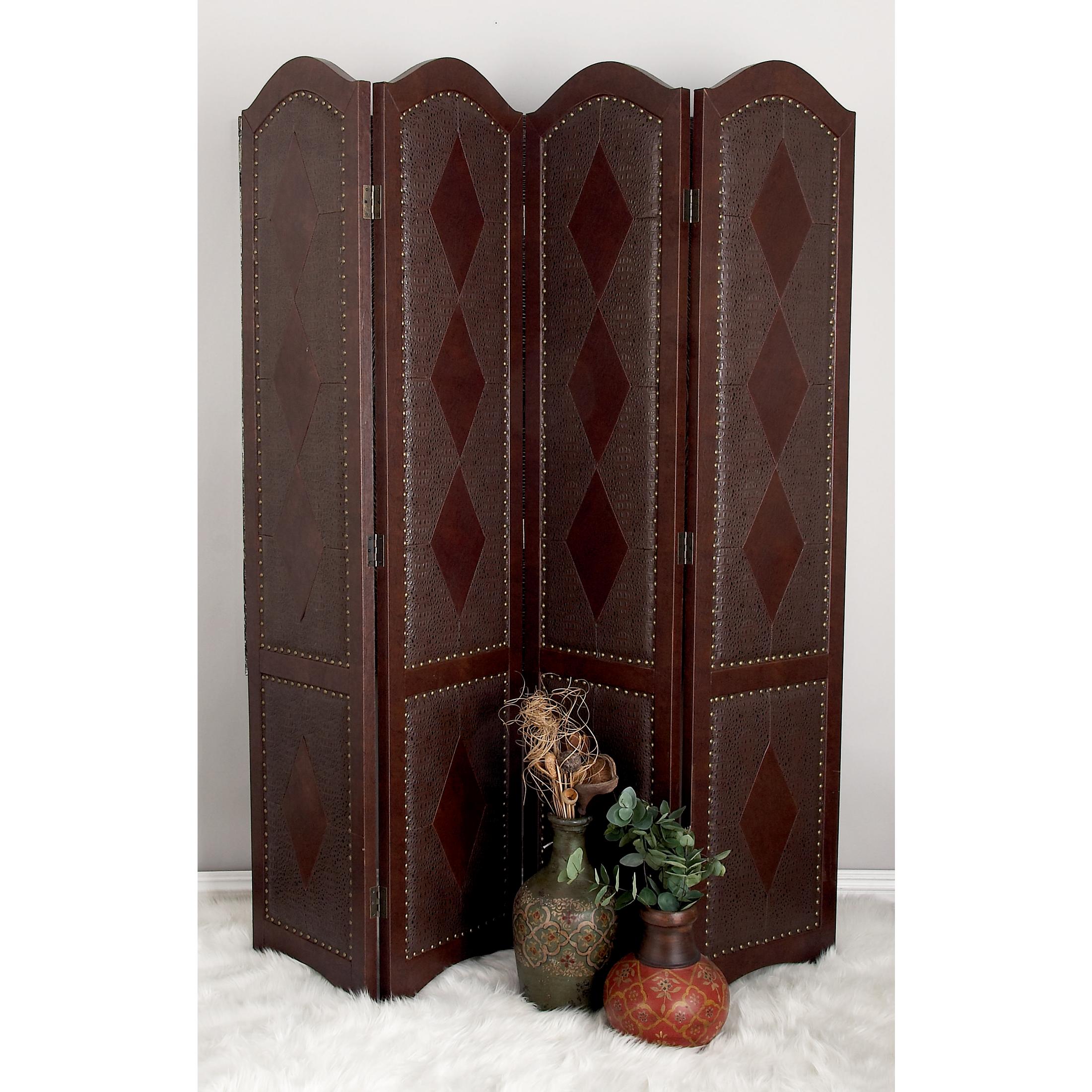 DecMode 64" x 71" Brown Faux Leather Scroll Foldable Partition 4 Panel Room Divider Screen with Faux Leather Detailing, 1-Piece