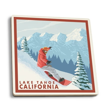 

Lake Tahoe California Snowboarder Scene (Absorbent Ceramic Coasters Set of 4 Matching Images Cork Back Kitchen Table Decor)