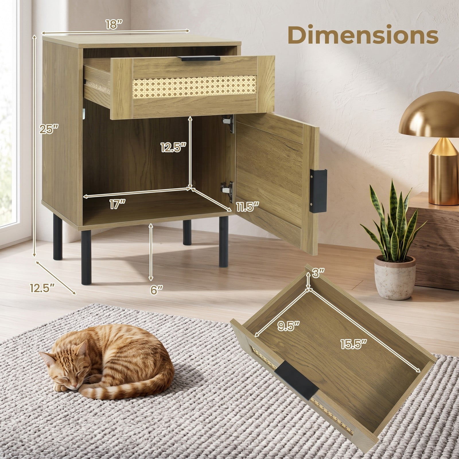 Furnibear Rattan Nightstand with Drawer and Storage Cabinet as a Bedside Table for Bedroom Dorm and Living Room, Natural