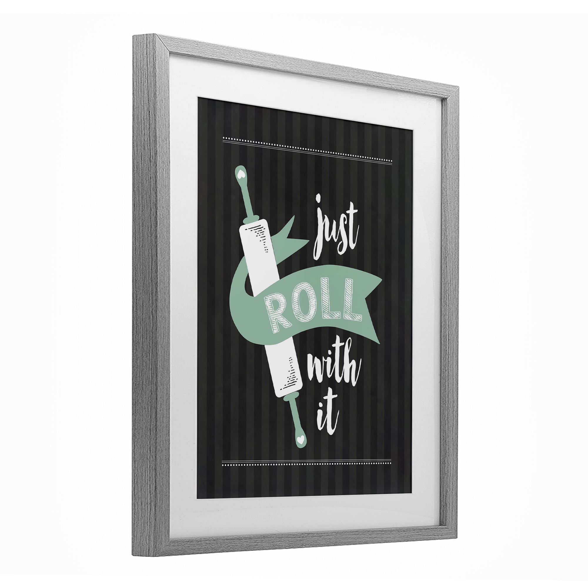 Roll With It Black & Green Gray Framed Print Under Glass, design by Lettered and Lined