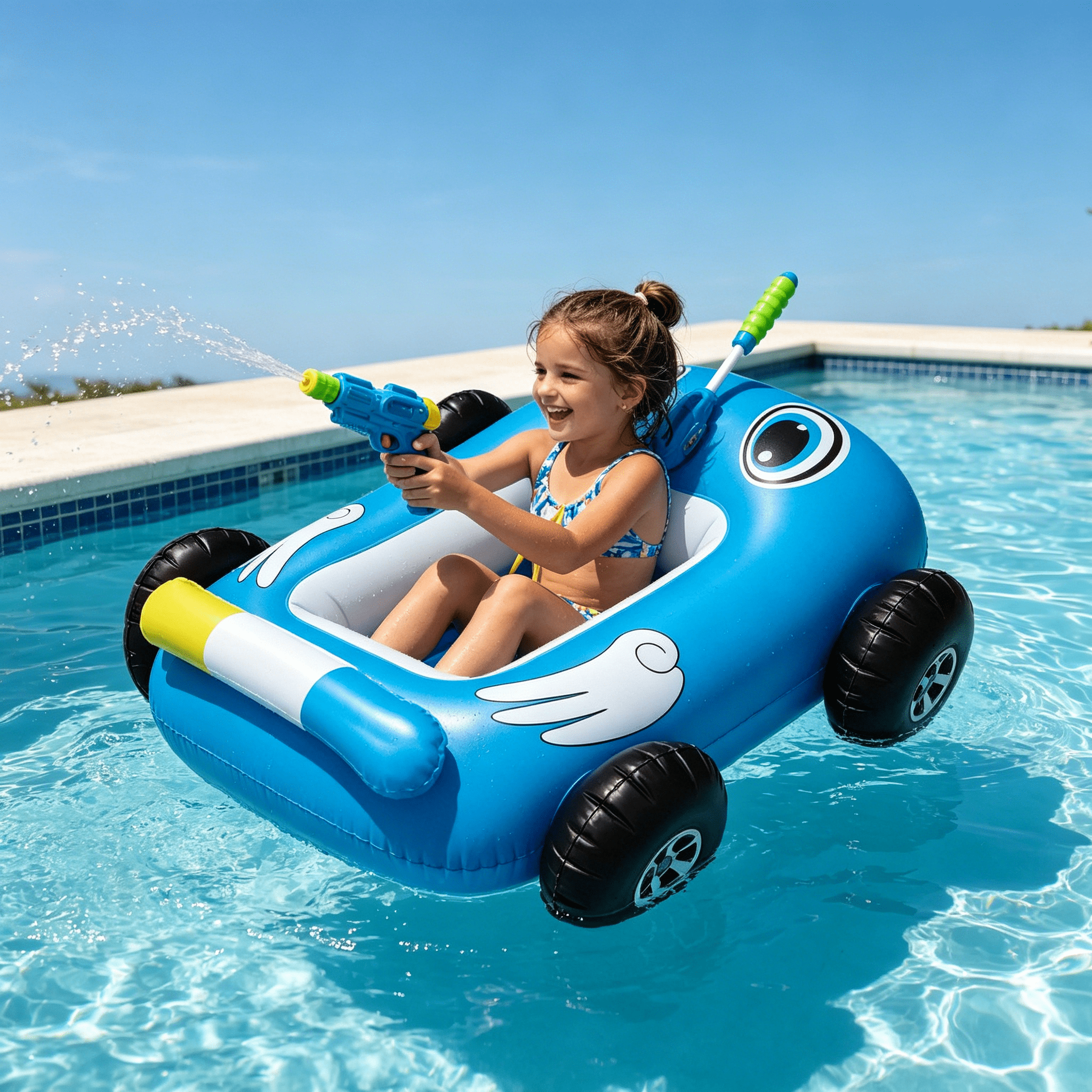 Decorr Pool Floats Kids, 31x33" Inflatable Pool Floats with Water Gun, Car-Shaped Ride-On Pool Float for Toddlers, Interactive Summer Water Toys with Built-in Sprayer, Blue