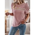 thumbnail image 3 of Slatcetga Women T Shirt Lace Trim Round Neck Short Puff Sleeve Pure Color Casual Lady Pullover Top for Spring Summer Pink M, 3 of 8