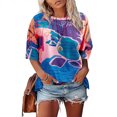 thumbnail image 2 of Pompotops Tops Femmes Mode Couleur Bloc Imprimé Manches Courtes O-Cou Casual Ample Chemisier, 2 of 4