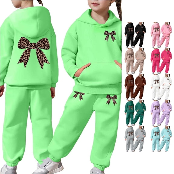 RMGVDSD Girls Sweatsuit Sets Bow Print Hoodie Sweatshirts Long Sleeve Pullover Tops Sweatpants 2 Piece Sweat Suits Fall Winter Outfits 10-11 Years