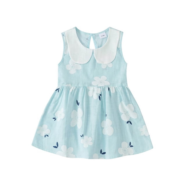Penkiiy Robes Habillées pour Bébés Filles Robe Sans Manches Mignonne à Col Poupée Imprimé Fleuri Robe de Princesse Robes Bleues pour 3T