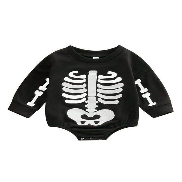 MesaSe Barboteuse d'Halloween pour Bébé Garçon Fille, Manches Longues, Col Ras du Cou, Justaucorps Imprimé Squelette de Dessin Animé