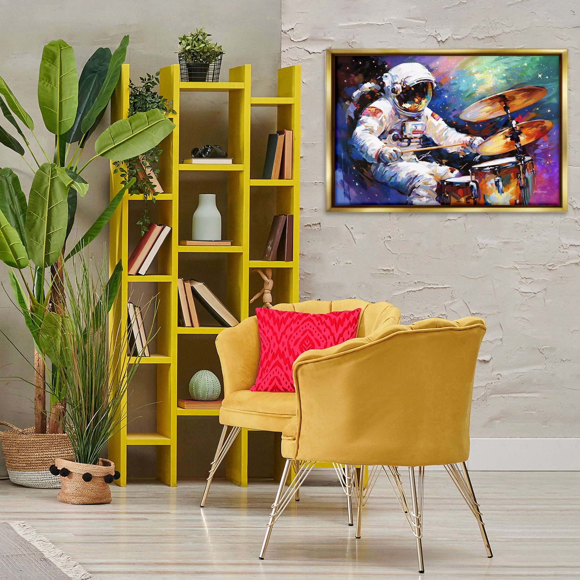 Stupell Industries Cosmic Drummer Musician Astrology & Stars Painting Gold Floater Framed Canvas Art Print Wall Art, 31 x 21
