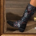 thumbnail image 5 of Chenyee Womens Knee High Combat Boots Vintage Ethnic Embroidery Lace Up Block Low Heel Mid Calf Riding Boots, 5 of 7