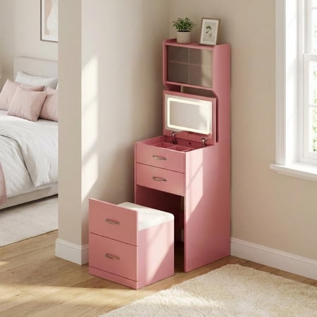 Studyset 3 in 1 Vanity Desk with 3 Color LED, Compact Makeup Vanity Set with 2 AC Outlets & USB, Dressing Table with Drawers & Acrylic Doors, Mirror, Jewelry Box, Hidden Chair