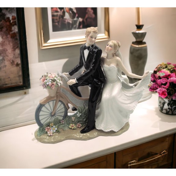 Ceramic Newlywed Couple on Bike Figurine 12.25 inch Wedding Decor