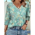 thumbnail image 4 of Womens 3/4 Sleeve Tops with Buttons V-Neck Summer Outfits Casual Shirts Beach Vacation Fall Clothes 2025 Green Print M, 4 of 5