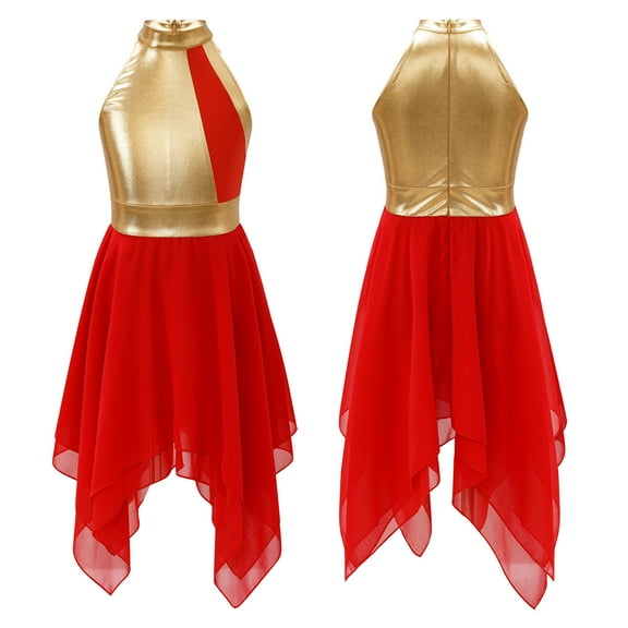 renvena Kids Girls Halter Metallic Praise Overlay Dress Chiffon Patchwork Lyrical Dance Red 10