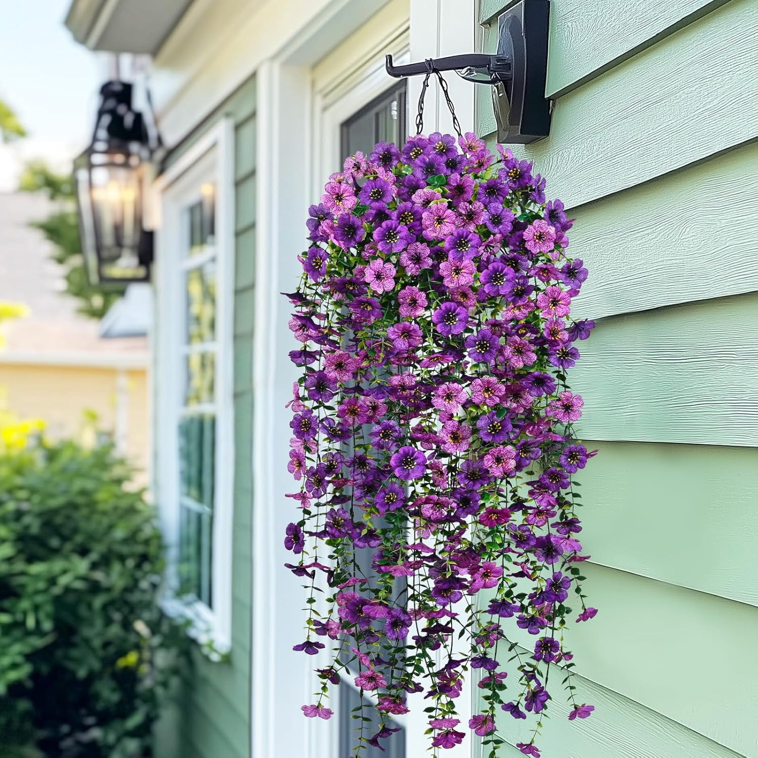Waipfaru Artificial Hanging Flowers for Outdoors Spring Summer Decoration,4 Pcs UV Resistant Faux Silk Violet Fake Flowers for Garden Porch Window Home Decor