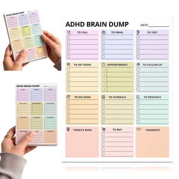 Adhd Brain Dump Planner Notepad,Brain Dump Planner,25 Tear-Off Sheets, Multi-Section Daily Organizer, Dopamine Color-Coded To Do List And Priority Task Pad For Work, Home And Personal Planning