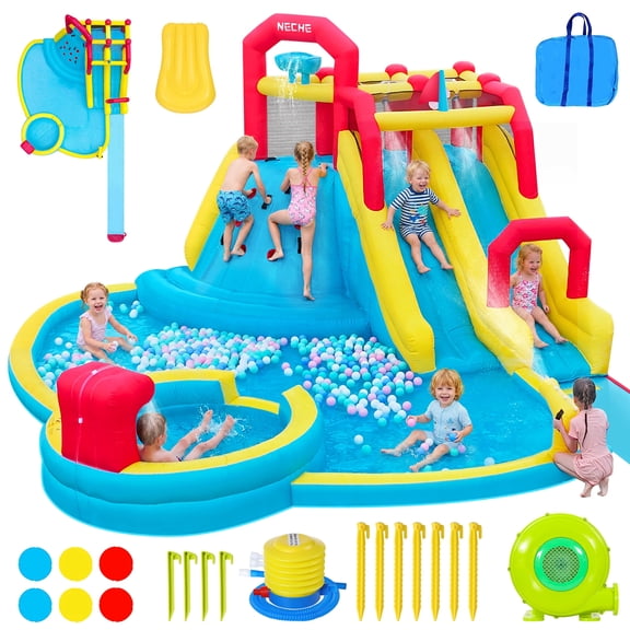 Neche Giant Inflatable Water Slide Bounce House, 220.4"×102.3"×193.3", 750W Blower, Supports 6 Kids Ages 3-8, Max 500lbs, Indoor & Outdoor Use