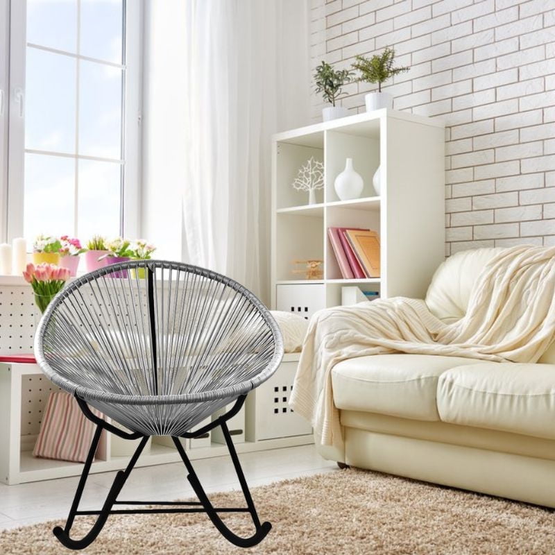 Costa Rocker Lounge Chair in Grey, Wire Lounge Chair, Plastic Lounge Chair, Beach Lounge Chair, Indoor-Outdoor Lounge Chair,Hammock Weave,Rattan,Weather resistance, Patio Lounge Chair, Oval Lounge Cha