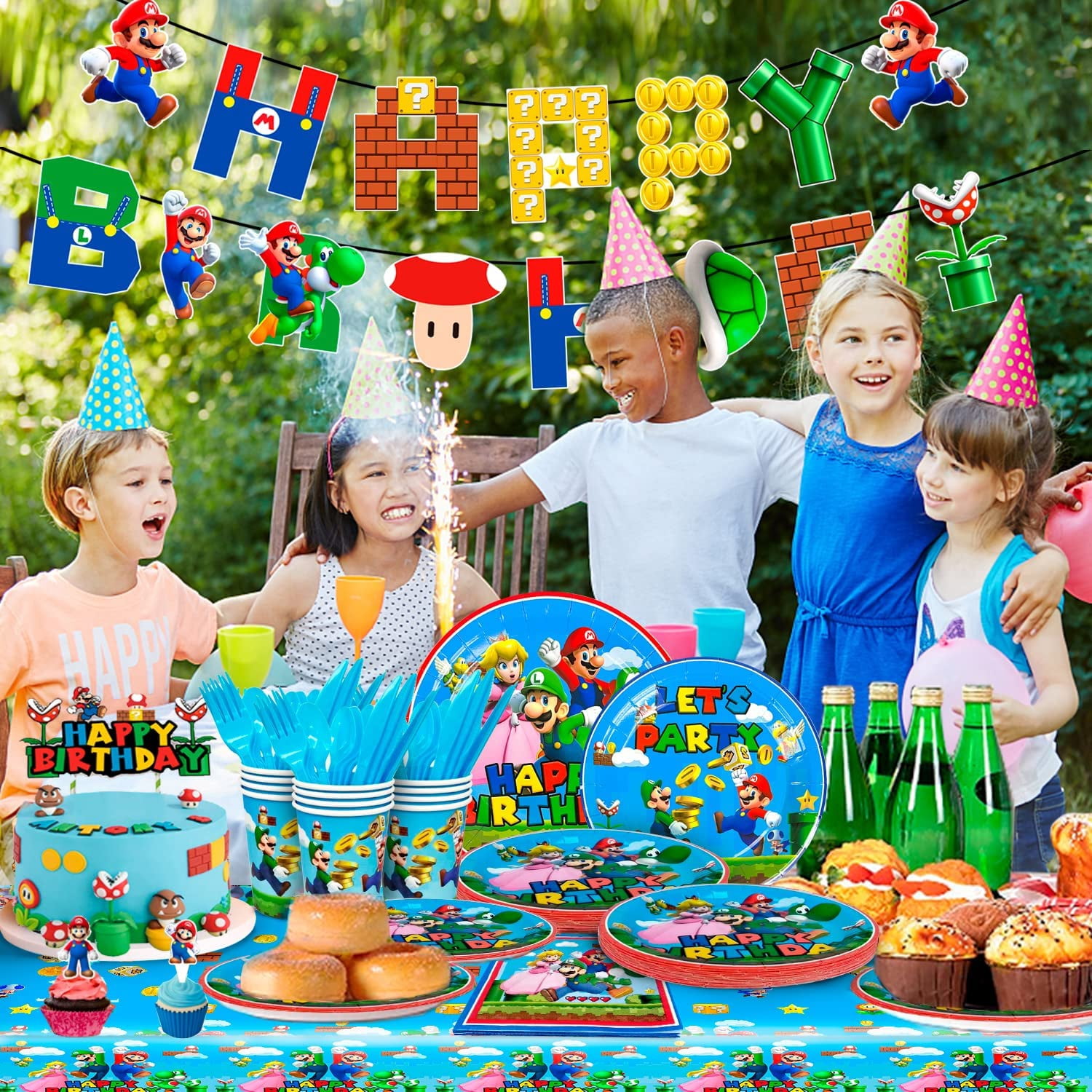 Super Mario Birthday Party Supplies-128pcs Super Mario Tableware Party Supplies Include Mario Party Plates and Napkins Cups Tablecloth&Banner for Boys/Girls Kids Mario Birthday Party Decorations