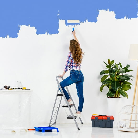 ZenSports Folding 3 Step Steel Ladder Max.300lbs Step Stool Anti-Slip Pedal, Gray