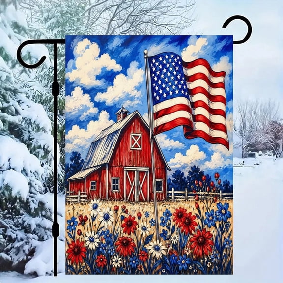 RKSupls Patriotic Linen Double Sided Garden Flag, Independence Day Themed Yard Decor, Red Barn Flag Wildflowers Country Outdoor Banner for Holiday Lawn