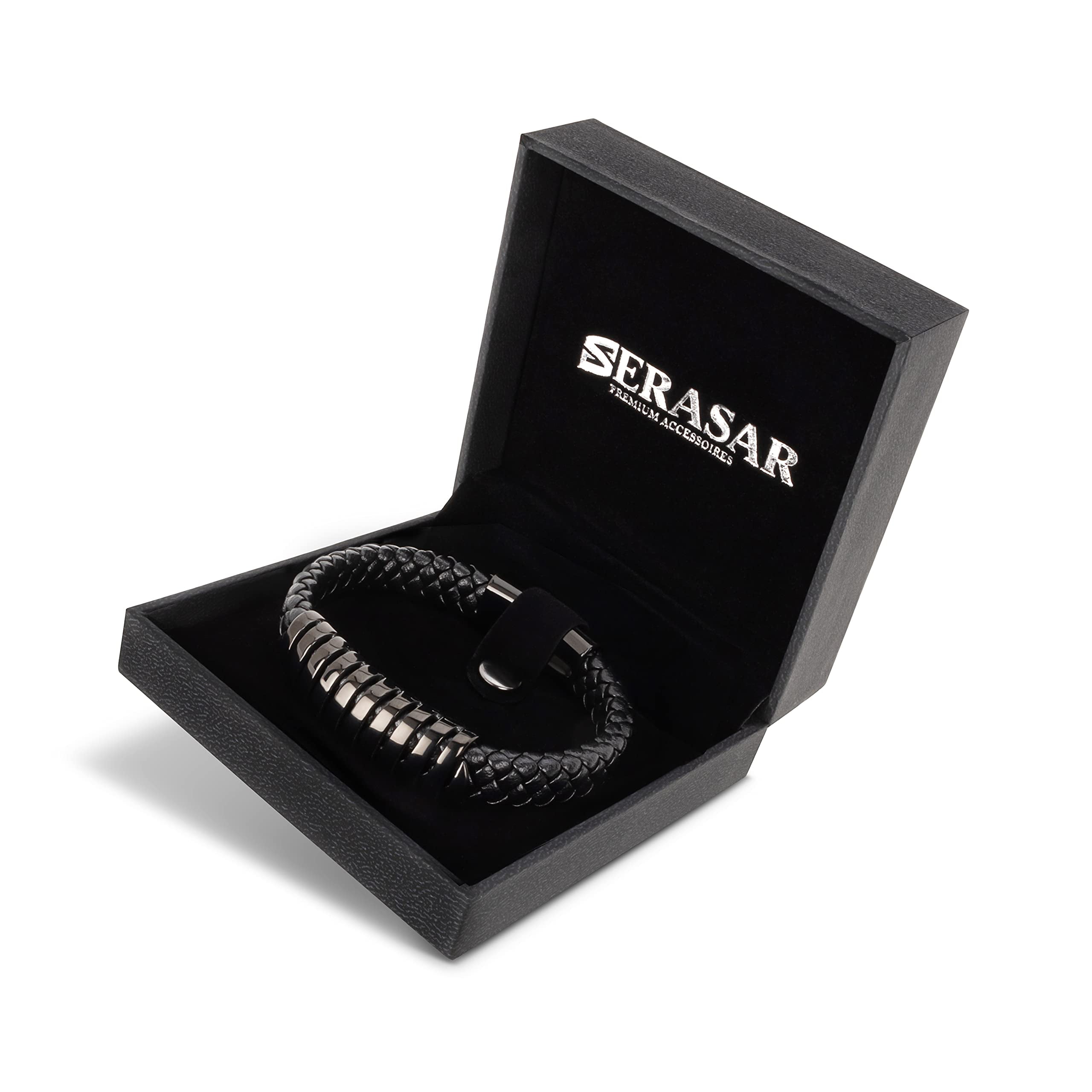 SERASAR Leather Bracelet for Men "Helix" with stainless steel magnetic closure, Black 17cm, including gift box