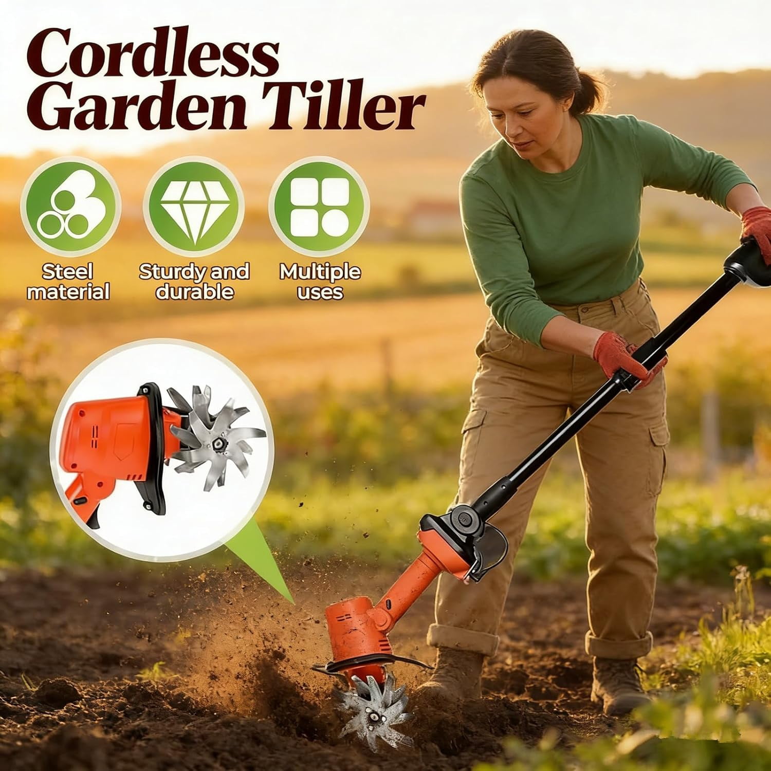 21V Cordless Mini Tiller Cultivator, Handheld Tilling Machine, Electric Garden Tiller, for Gardening, with 2 * 1.5Ah Batteries & Charger, 5In Tilling Width and 5In Depth Garden Rototiller (with Pole)