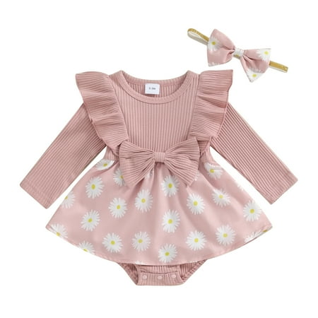 

Baby Girl 2Pcs Spring Outfits Long Sleeve Bow Front Daisy Print Romper with Headband Set Infant Clothes