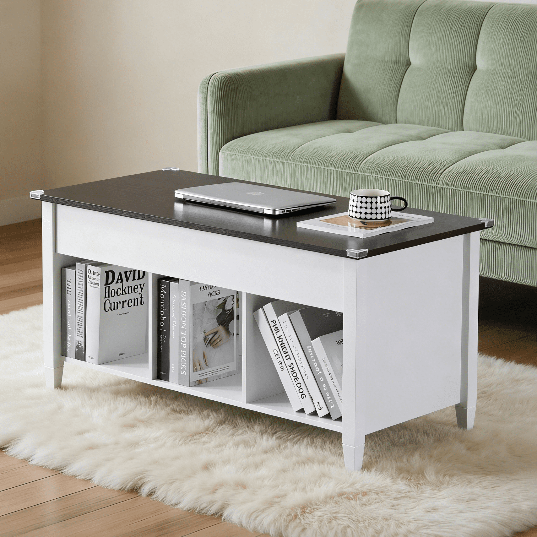 Ktaxon Mid-Century Lift Top Coffee Table, Multi-Functional Lift Tabletop Center Table for Living Room with Hidden Storage Compartment & 3 Cube Shelves, White & Dark Brown