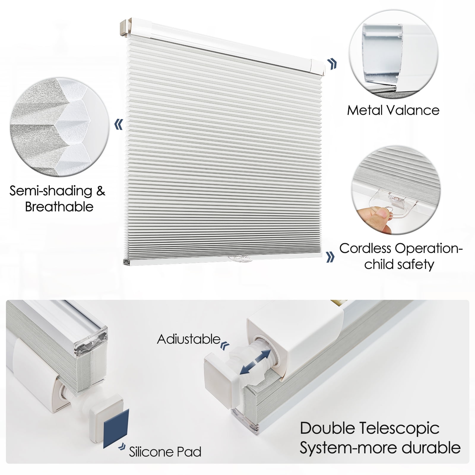 Keego No Drilling Cordless Cellular Shades Honeycomb Window Blinds Easy Installation Heat Insulating Noise Reducing Curtains Semi-Blackout Silver, 48.5"w x 66"h