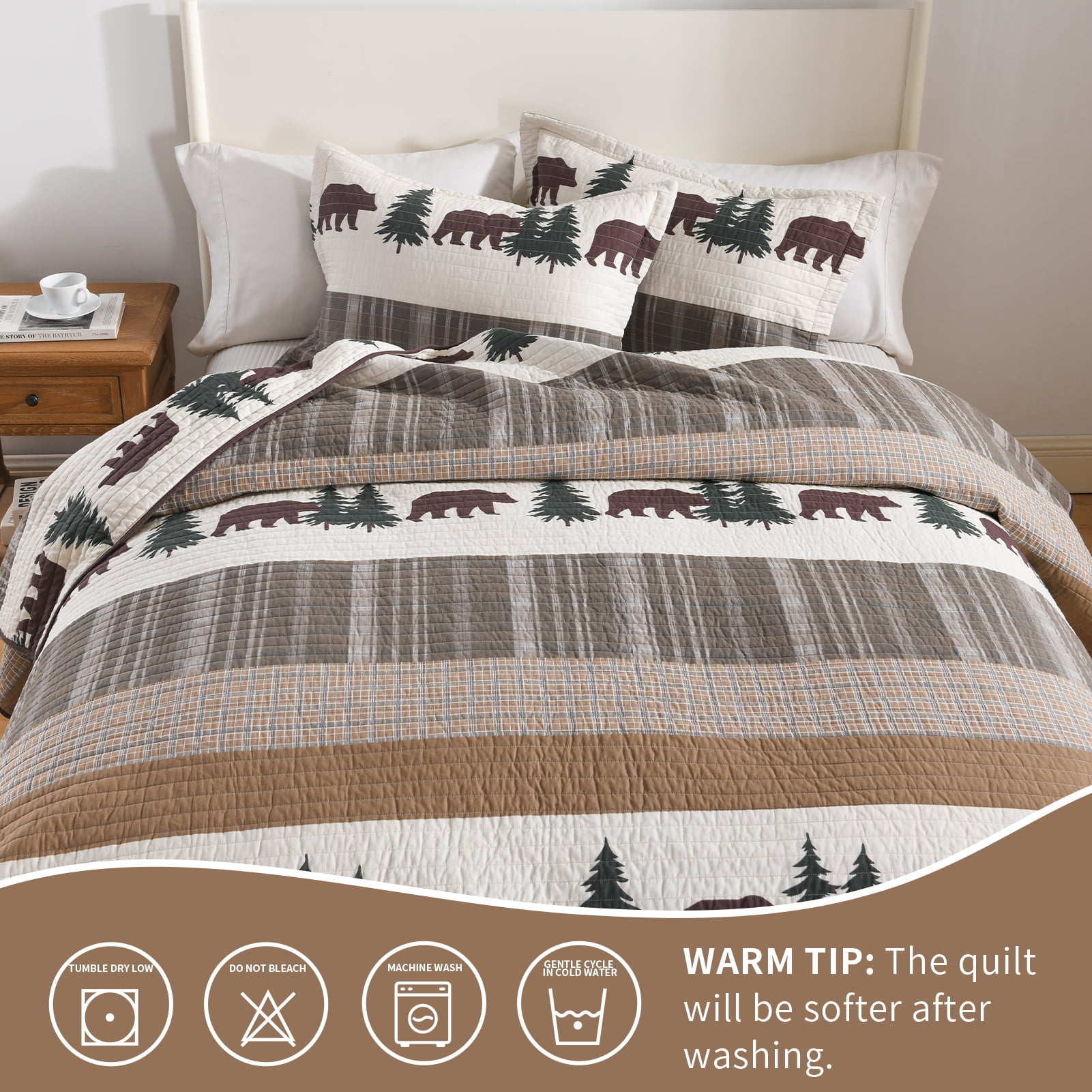 Bedduvit Rustic Lodge Queen Quilt - 100% Organic Cotton Quilt Sets, Cabin Animal Farmhouse Lightweight Bedspread for Queen Beds, Bear Tree Brown White Striped Cottage Bedding Set with 2 Pillow Shams