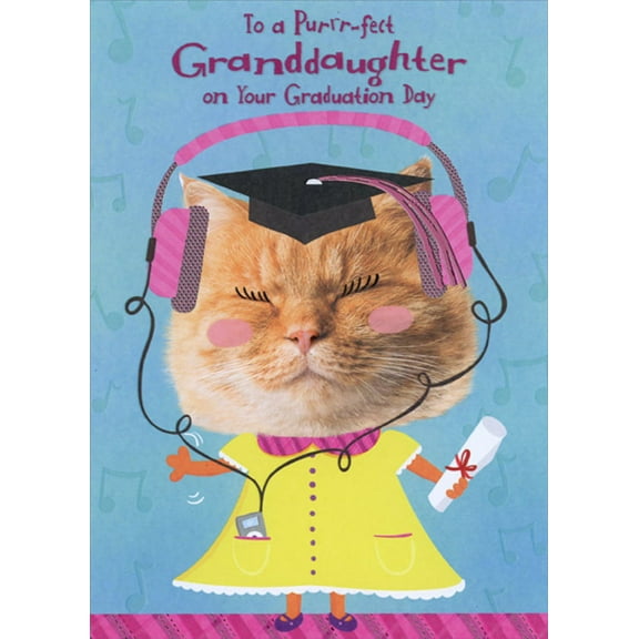 Designer Greetings Cat with Grad Cap, Pink Headphones and Yellow Dress Juvenile / Kids Graduation Congratulations Card for Young Granddaughter